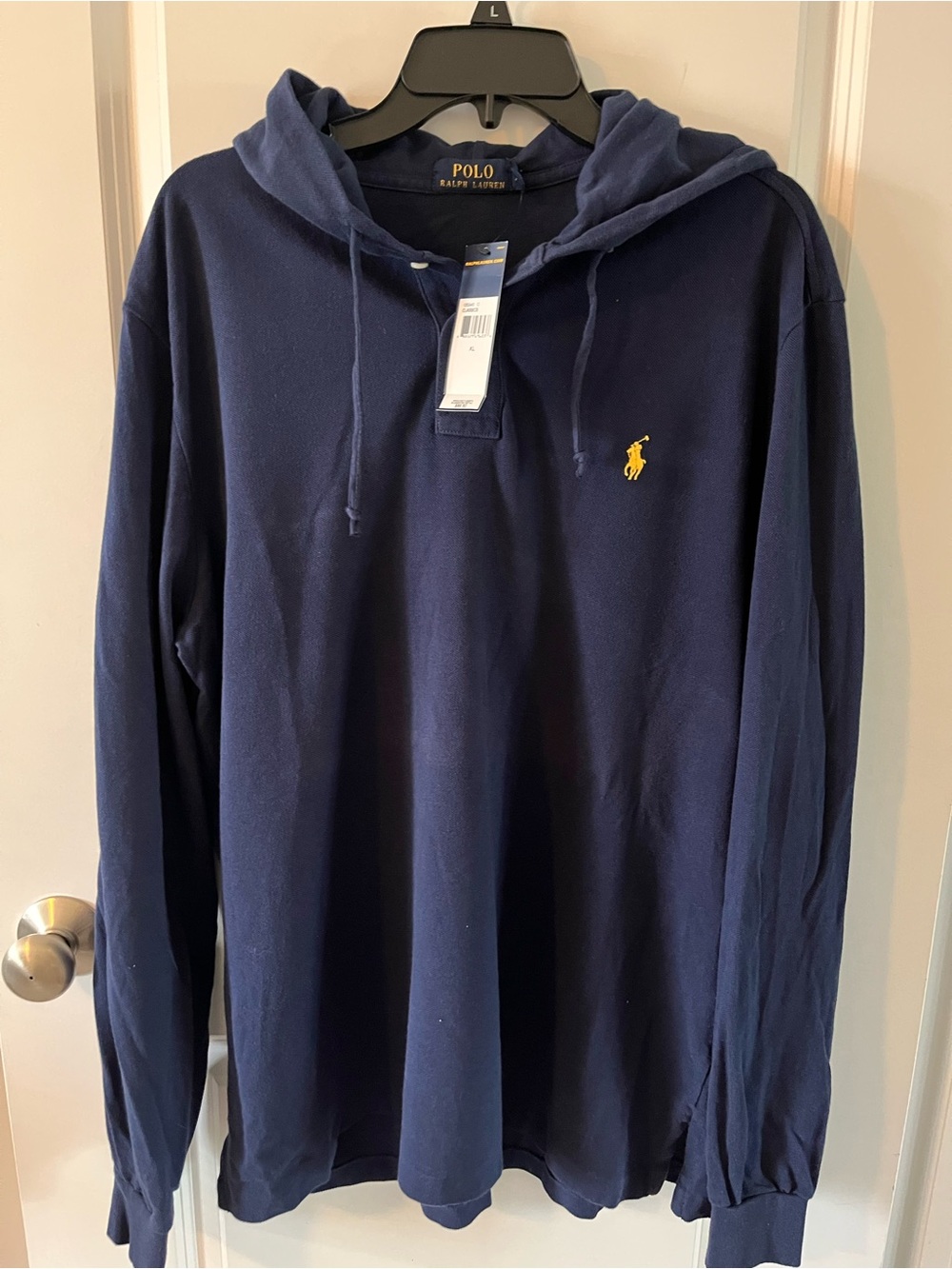 Polo by Ralph Lauren Navy Hooded Long-Sleeve XL Polo Shirt with Yellow Polo Logo